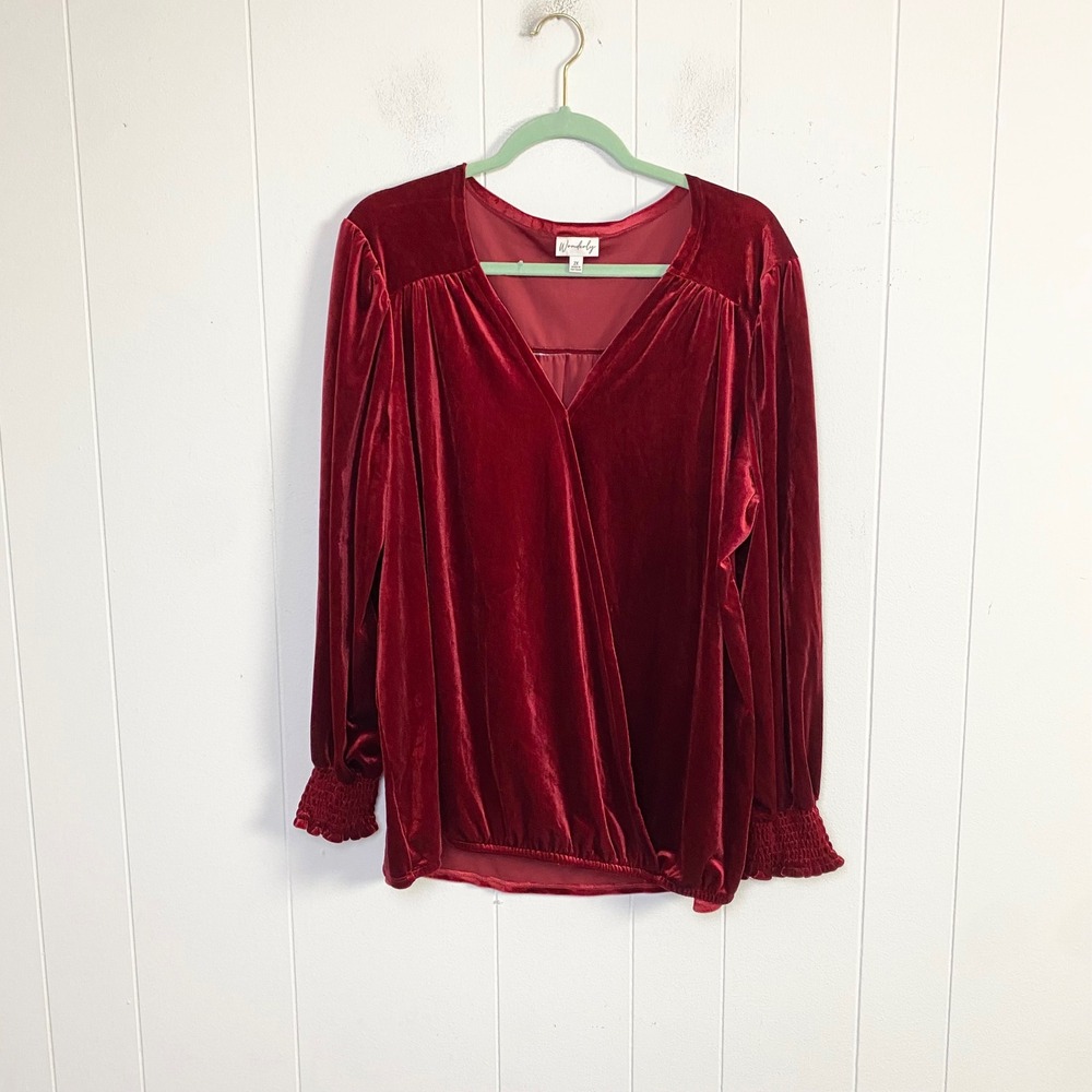 Wonderly Red Velvet Surplice V-Neck Smocked Cuff Top 2X Holiday Festive